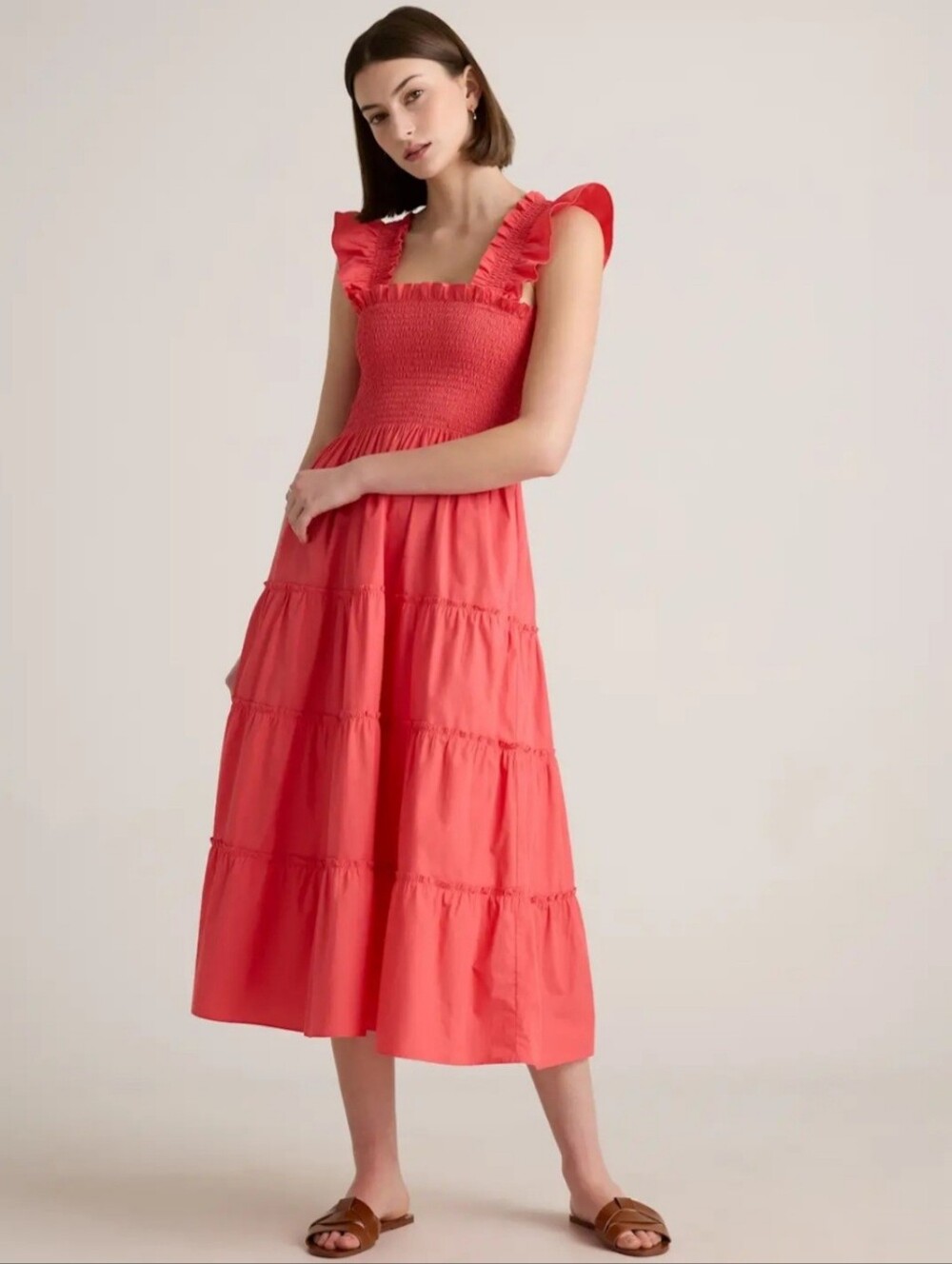 Quince Women's 100% Organic Cotton Poplin Smocked Midi Dress Large, Spiced Coral